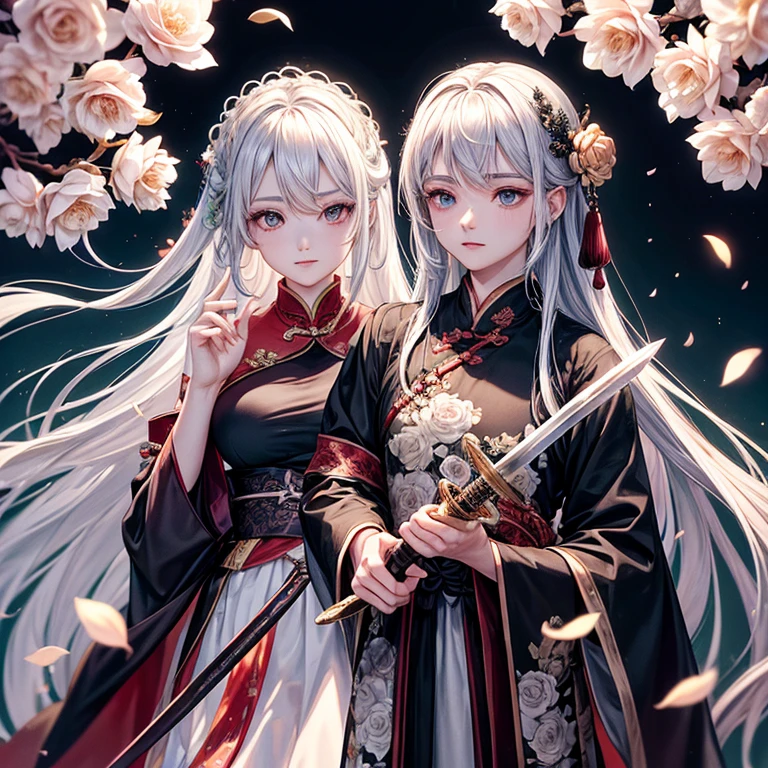 Heroina chinesa num jardim de rosas olhando a lua, longos cabelos prateados, olhos azuis claros, wearing a traditional black Chinese hanfu with silver details. In his hand a long-bladed sword dripping with blood.