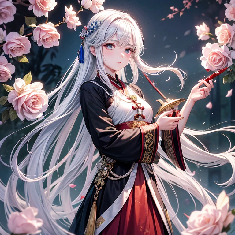 Heroina chinesa num jardim de rosas olhando a lua, longos cabelos prateados, olhos azuis claros, wearing a traditional black Chinese hanfu with silver details. In his hand a long-bladed sword dripping with blood.