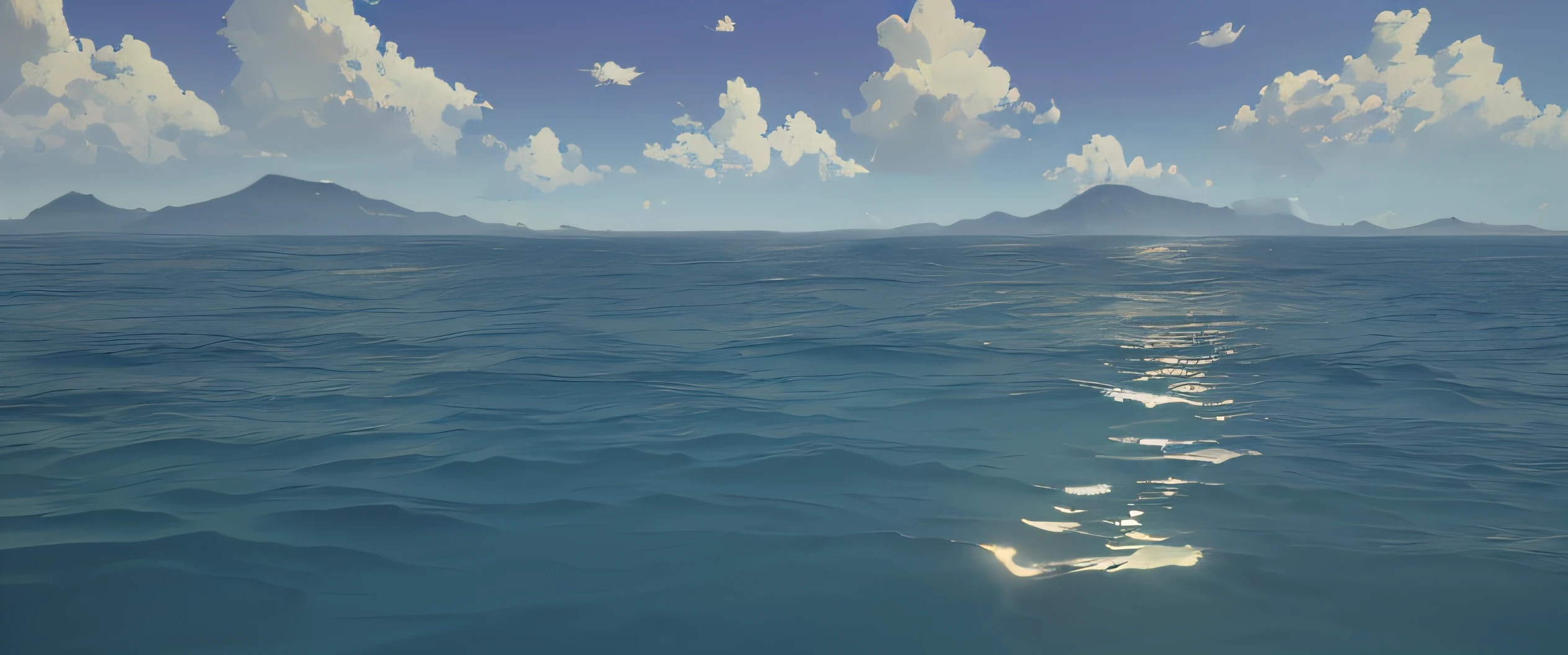 There is a body of water，The background is a mountain, ocean of reality, realistic water, ocean rendering, volumetric light water, Rendering in cryengine, calm ocean, Detailed view – width 672, Rendered in arnold engine, volumetric water, Xinhai sincerely. Octagonal rendering, Blue sea. author：Xinhai sincerely, calm ocean landscape