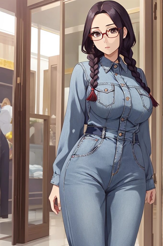 masutepiece, Best Quality),Detailed face, Detailed eyes, eye glass、Long、Braids、forehead、 Raised bangs、Large breasts, Big butt、plump、Elegant woman, Jumpsuit, Wide pants、Homework、denim、 Walking、Full body