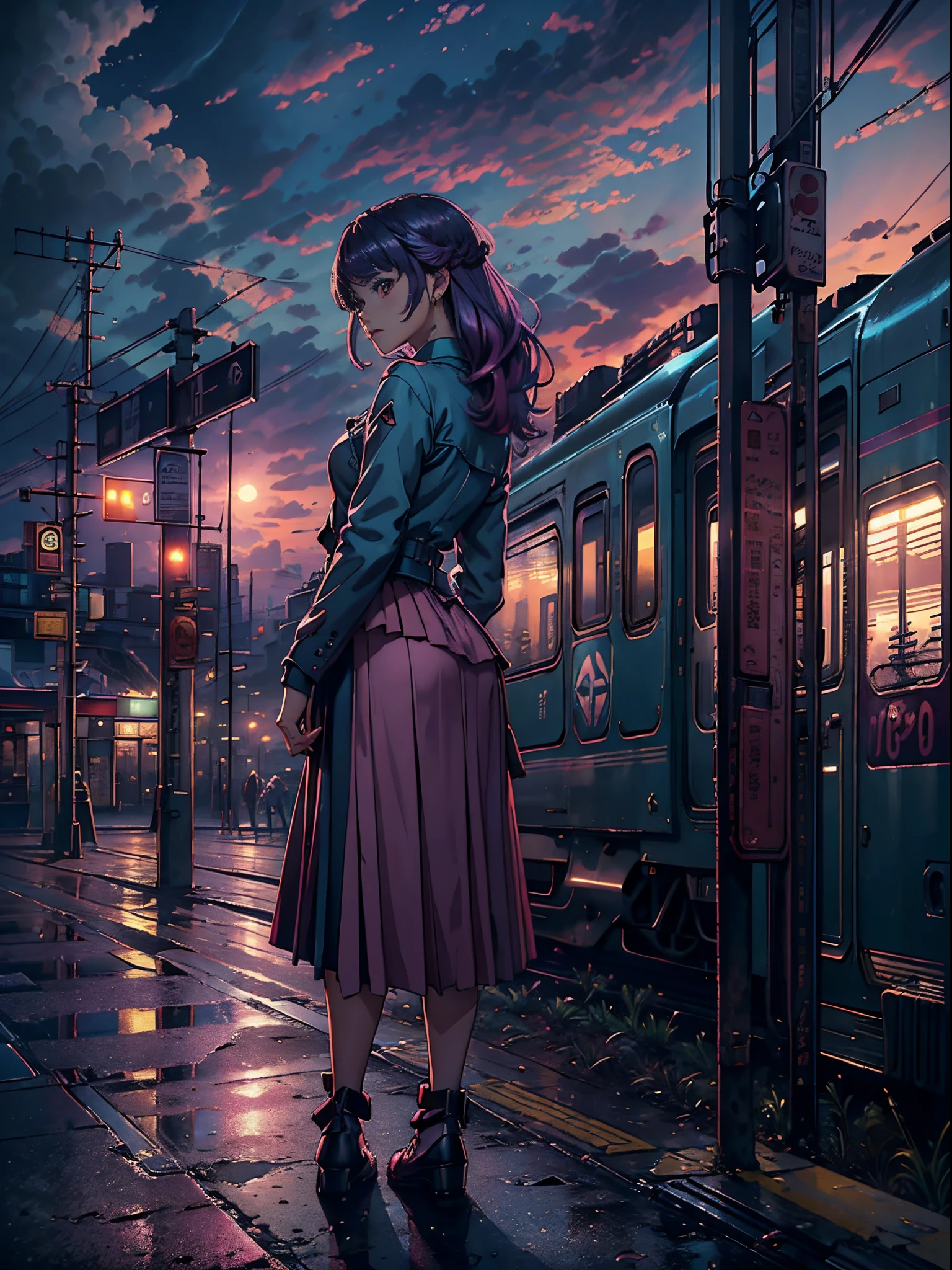 magenta tint、vibrant with colors、((tmasterpiece)))、(((quality)))、((ultra - detailed))、(Surreal)、(Very detailed CG illustration)、offcial art、CD cover、It will be、midsummer、The glorious 1980s、1girll,Cool beauty、cochetti gorgeous、incomparable beauty、Hair color、Rock music、jaqueta de couro、Superskirt、perfect angle、Perfectcomposition、(twilight,Train station,trains,Clouds),