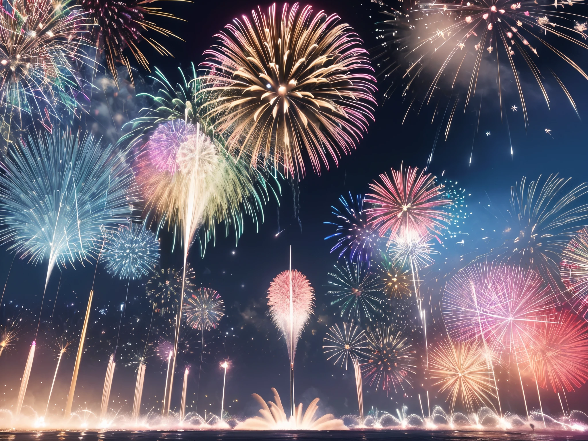 Illustrate a quantum-inspired celebration where 3D fireworks explode into multiple dimensions, accompanied by fractal ripples that signify the transition from 2023 to 2024, enormous tits