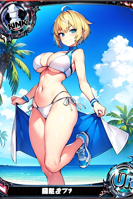 1girls, beach, bikini, white bikini, blue trim, neon trim, sneakers, shoes, tech, science-fiction, futuristic, machinery, smile, blonde hair, very short hair, blue eyes, breasts, large breasts, wide hips, thick thighs, smirk, smug, pixie cut, trading card, card /(medium/)