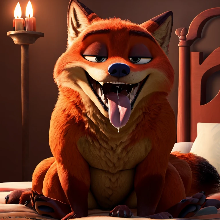 red fox, (obese:1.3), hairy pubic, messy red hair, sitting on bed, feet towards viewer, rubbing belly, mouth wide open tongue out, (wide open mouth), (tons of spit and drool), (can see in mouth), (can see back of throat), (mouth focus: 1.1), (close-up of mouth), erotic expression, [background; (bedroom), (candles), (ambient lighting)] (best quality,4k,8k,highres,masterpiece:1.2), (ultra-detailed), (realistic,photorealistic,photo-realistic:1.3