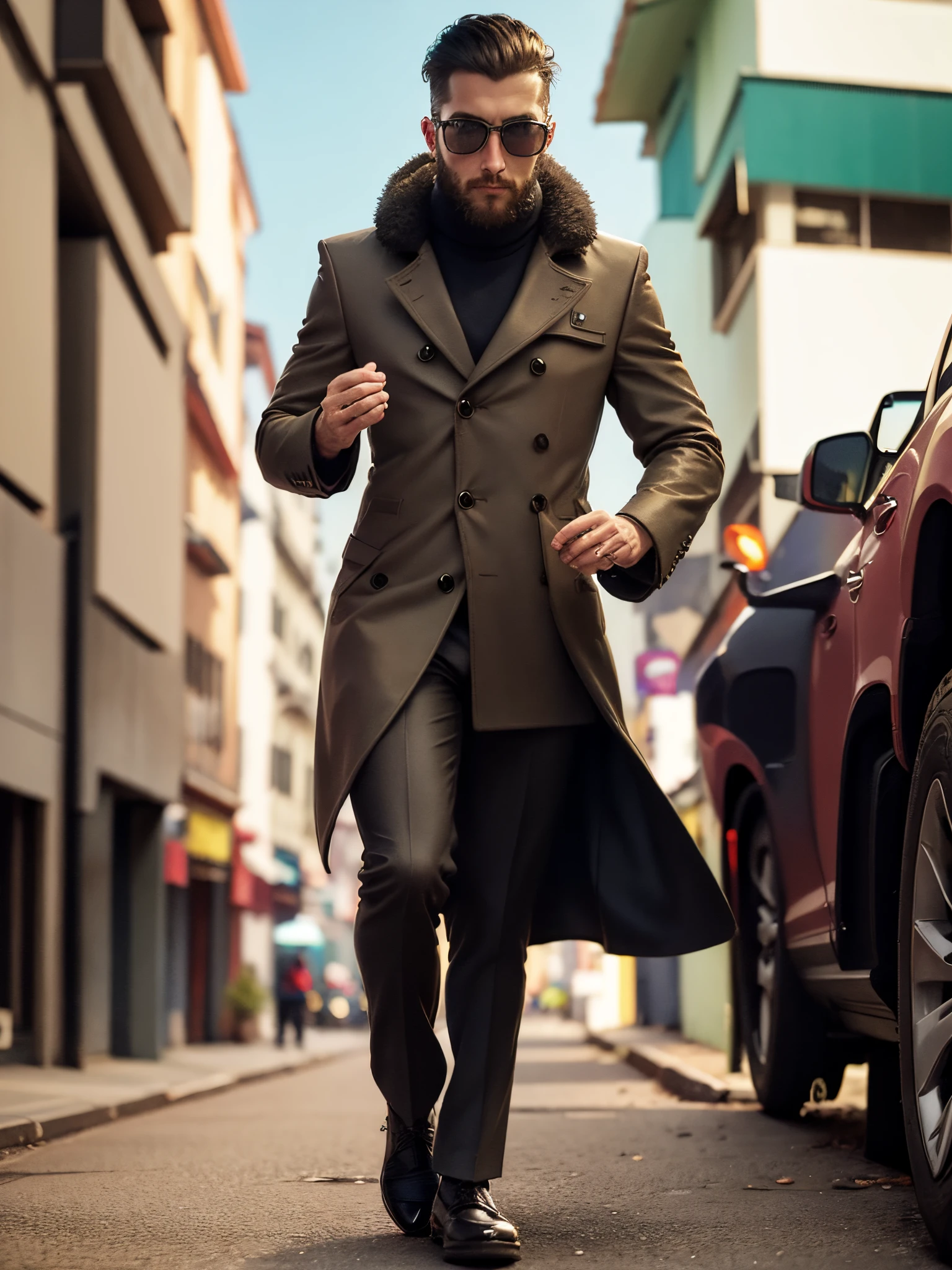 man in coat and sunglasses walking down a street, high fashion male appeal, wearing animal fur clothes, jaguar, high quality fashion photo essay, menswear, wearing a jaguar synthetic leather trench coat, inspired by Rajesh Soni, style of anton fadeev, by derek zabrocki, wearing a jaguar synthetic leather coat,  Dress with expensive clothes