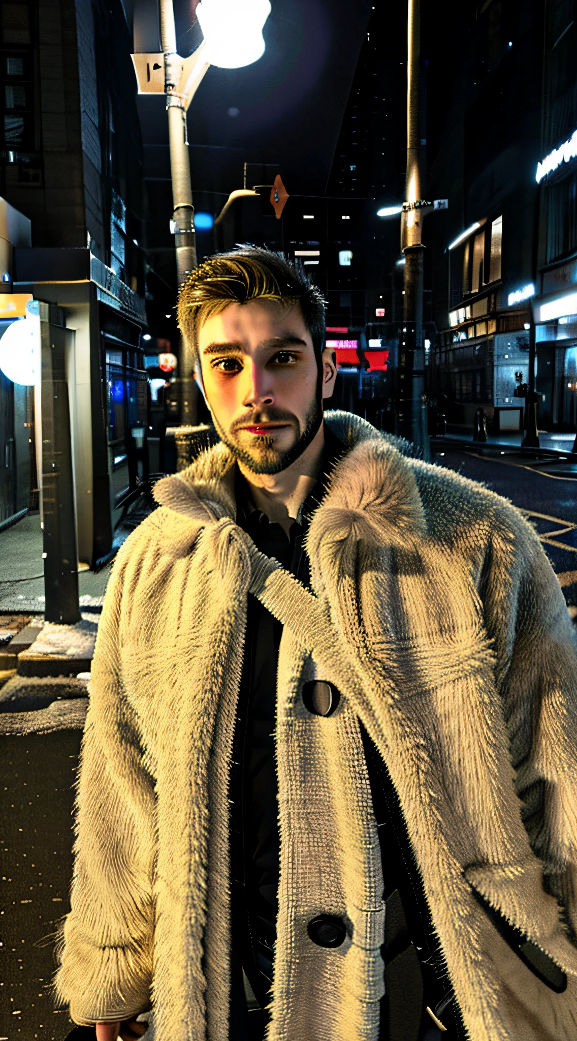 handsome British male, wide jaw, beard, upper body portrait, winter coat, at night, street light, great lighting