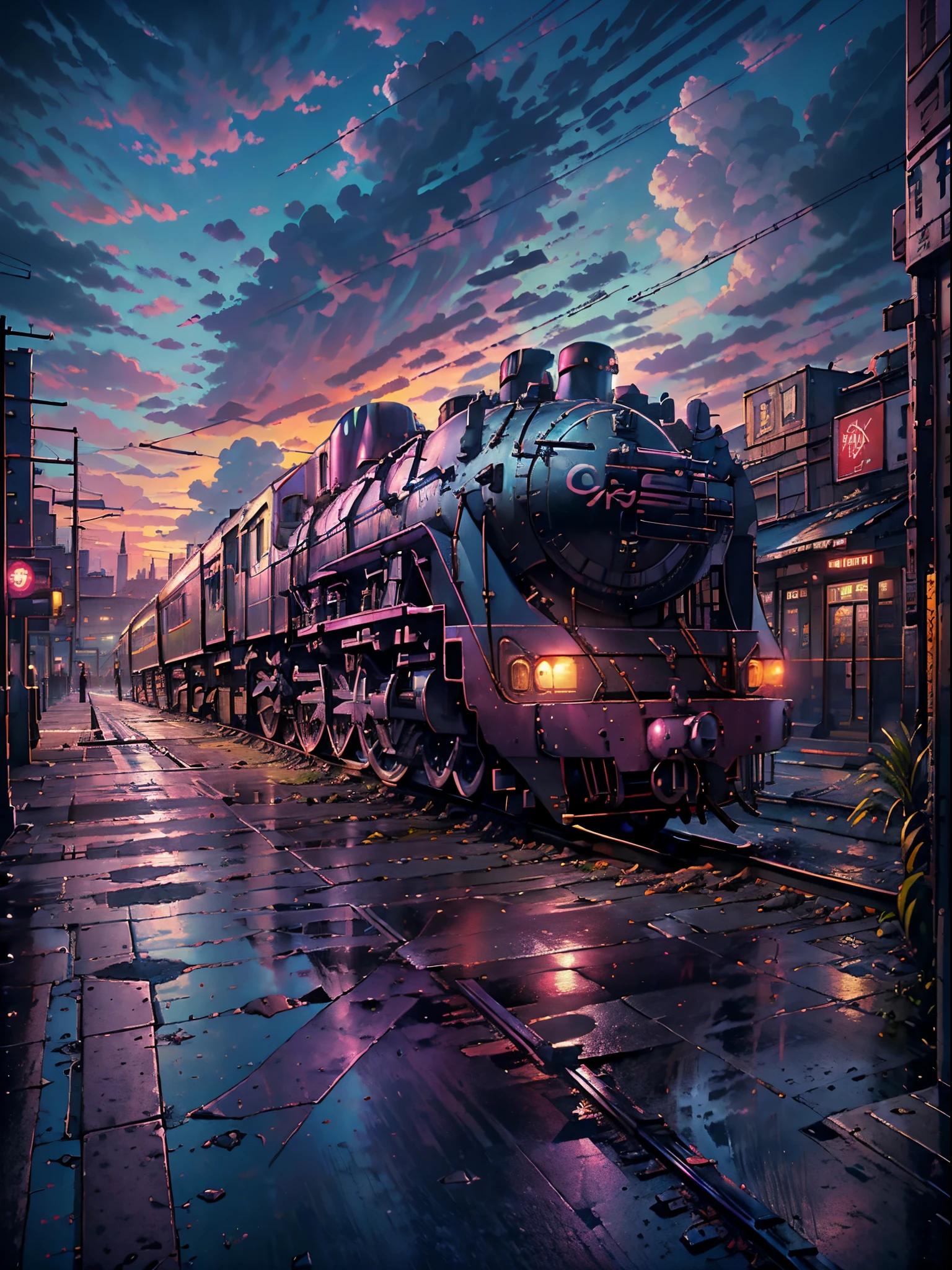magenta tint、vibrant with colors、((tmasterpiece)))、(((quality)))、((ultra - detailed))、(Surreal)、(Very detailed CG illustration)、offcial art、CD cover、It will be、midsummer、The glorious 1980s、Cool beauty、cochetti gorgeous、incomparable beauty、Hair color、Rock music、jaqueta de couro、Superskirt、Women only、perfect angle、Perfectcomposition、(twilight,Train station,trains,Clouds),