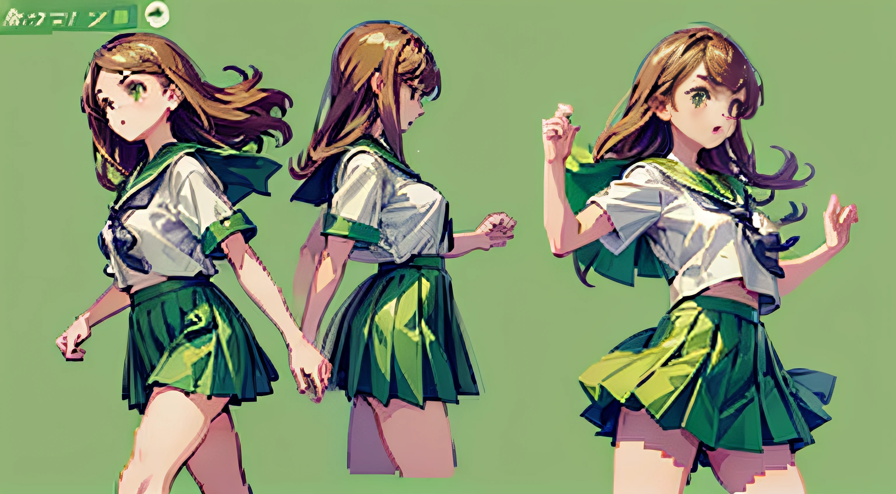 PixelArt, ((sprite sheet)), (plain green background), (walking animation on top panel), (punching animation on bottom panel), (schoolgirl wearing a sailor suit, green skirt, white shirt, long hair, brown hair)