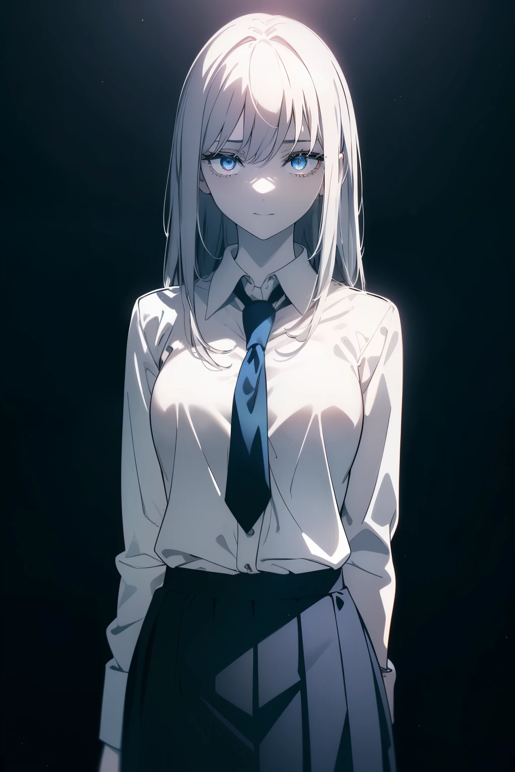 (Obra maestra, La mejor calidad, ultrahigh resolution), 1girl, standing, school uniform, white office shirt, black pleated skirt, ((pitch black, pitch black hair:0.7), long hair cut, pale skin, ((blue eyes)), (glowing_eyes:0.7), neon eyes, (ultra detailed eyes, beautiful and detailed face, detailed eyes:0.9), ((centered)), smile, ((wide shot)), facing viewer, eye level, (dark background), flat chested, looking at viewer, ((half closed eyes)), ((perfect hands)), (((head, arms, hips, elbows, in view))), ((hands behind back)), empty eyes, beautiful lighting, background, defined subject, 25 years old, perfect anatomy, perfect body, (((professional photography)))