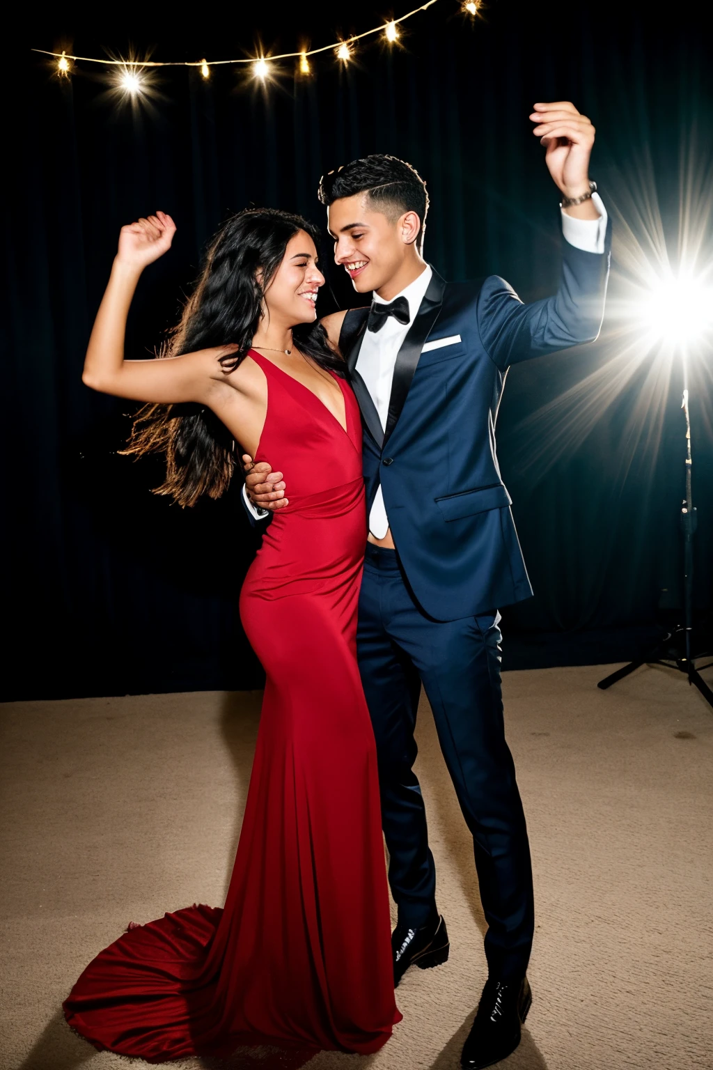 A ager in a long red dress with long black hair and slightly olive skin dancing with a teen in a dark blue suit with short black hair and light skin. A party background with chic decor. Uma imagem ultra realista, somente os dois na imagem.