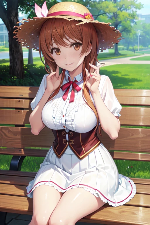 (Highly detailed CG Unity 8K wallpaper artwork), (Best Quality), (Ultra-detailed), (Best Illustration), (Best Shadow), (absurderes), 1girl in, Solo, Marika Tachibana, Dressy straw hat with white skirt，Looking at Viewer, hand on own face, , smug, a park，Sitting on a bench