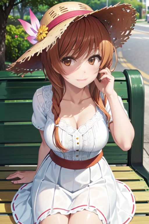 (Highly detailed CG Unity 8K wallpaper artwork), (Best Quality), (Ultra-detailed), (Best Illustration), (Best Shadow), (absurderes), 1girl in, Solo, Marika Tachibana, Dressy straw hat with white skirt，Looking at Viewer, hand on own face, , smug, a park，Sitting on a bench