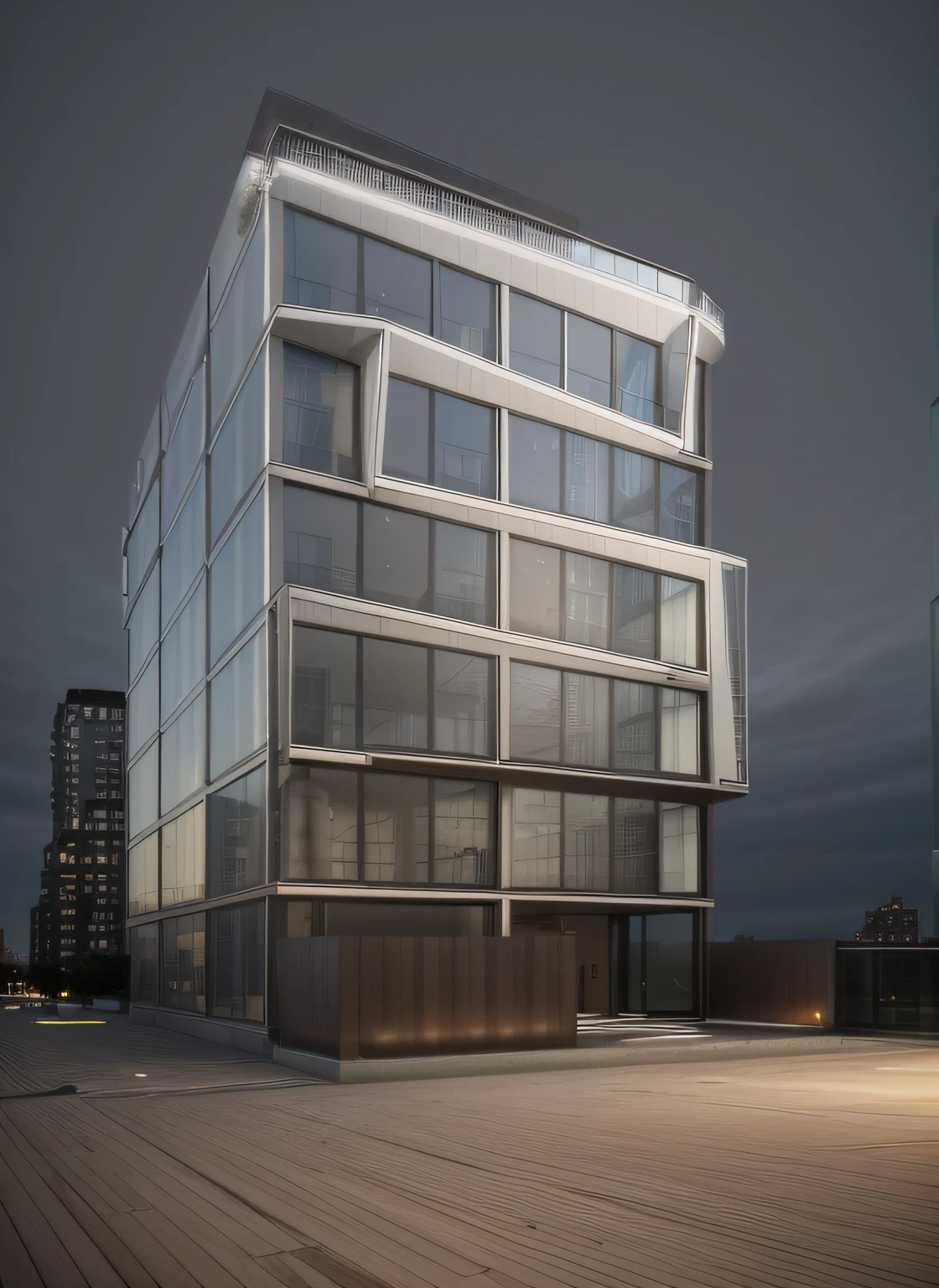 two-Point PerspecƟve, 10-story apartment
building, modern architecture, glass facade,
beauƟful lighƟng from inside, mir rendering,
downtown new York, dim light