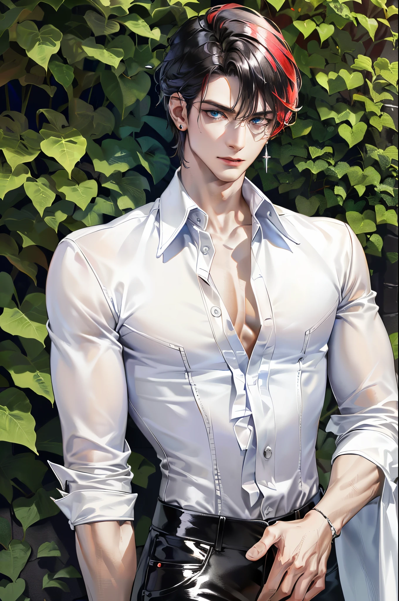 masterpiece, absurdres, best quality, ((1man)), one, attractive, masculine, masculine face, attractive, muscular, perfect detailed face, perfect detailed hands, pale skintone, blue eyes, red hair, upper body, earrings, silver jewelry, white unbuttoned blouse, black leather pants, (shiny skin, shiny body, shiny oily luster skin, shiny hair), garden background, intricate details