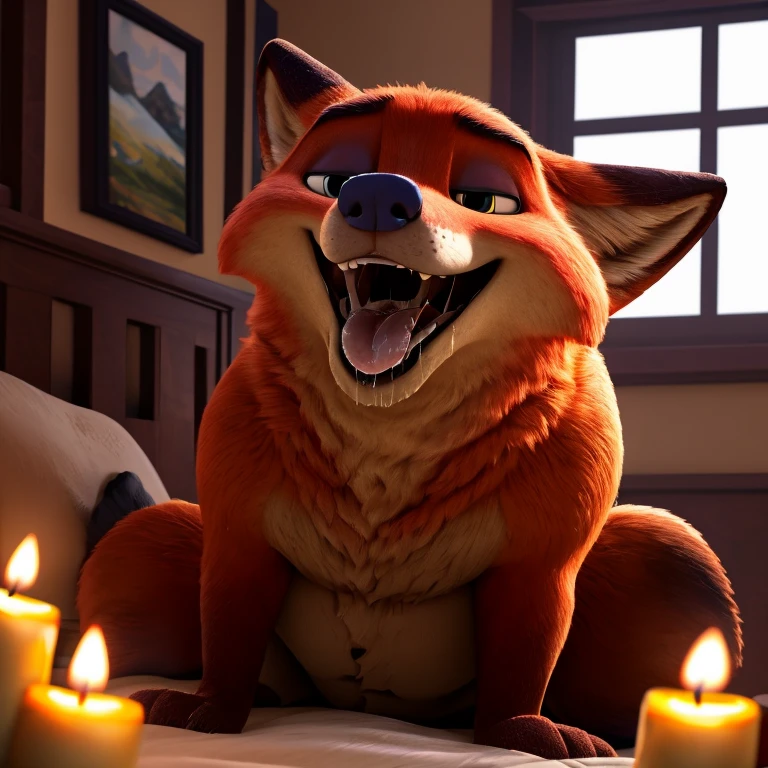 red fox, (obese:1.3), hairy pubic, messy red hair, sitting on bed, feet towards viewer, rubbing belly, mouth wide open tongue out, (wide open mouth), (tons of spit and drool), (can see in mouth), (can see back of throat), (mouth focus: 1.1), (close-up of mouth), (swallowing), erotic expression, [background; (bedroom), (candles), (ambient lighting)] (best quality,4k,8k,highres,masterpiece:1.2), (ultra-detailed), (realistic,photorealistic,photo-realistic:1.3