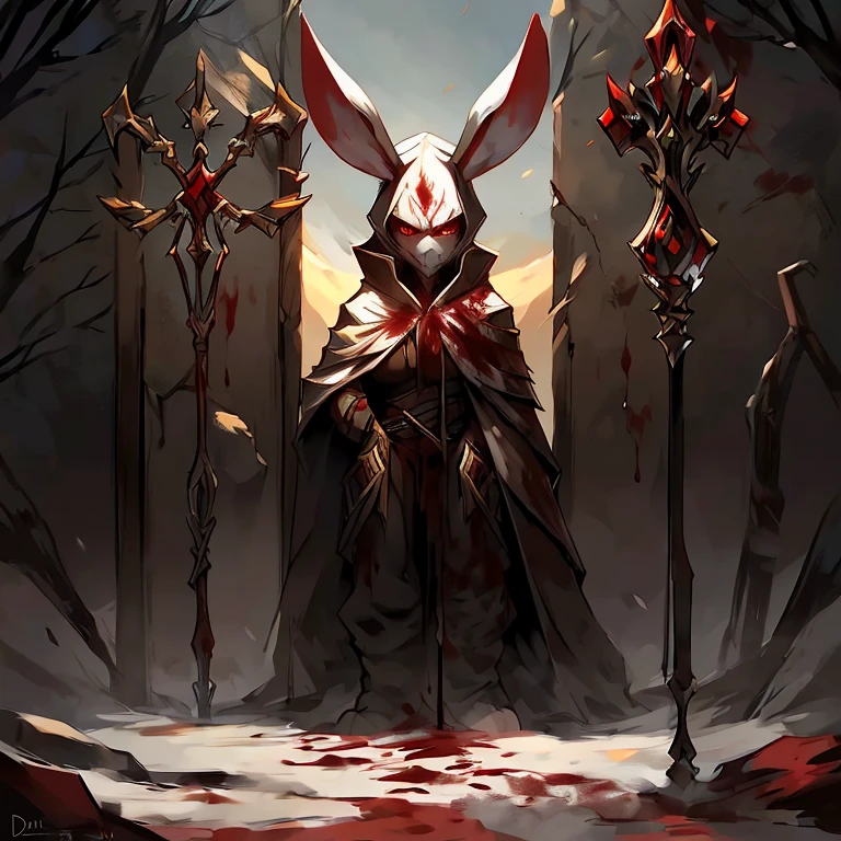 ( female white bunny) ( guarding the titan door ) ( body covered in blood) ( death glare ) (Black pants with red symbol on it ) (yellow eyes ) ( staff in the Snow) ( red eyes surrounded her ) ( detail) ( Dead body ) ( white cloak with golden symbol on it)