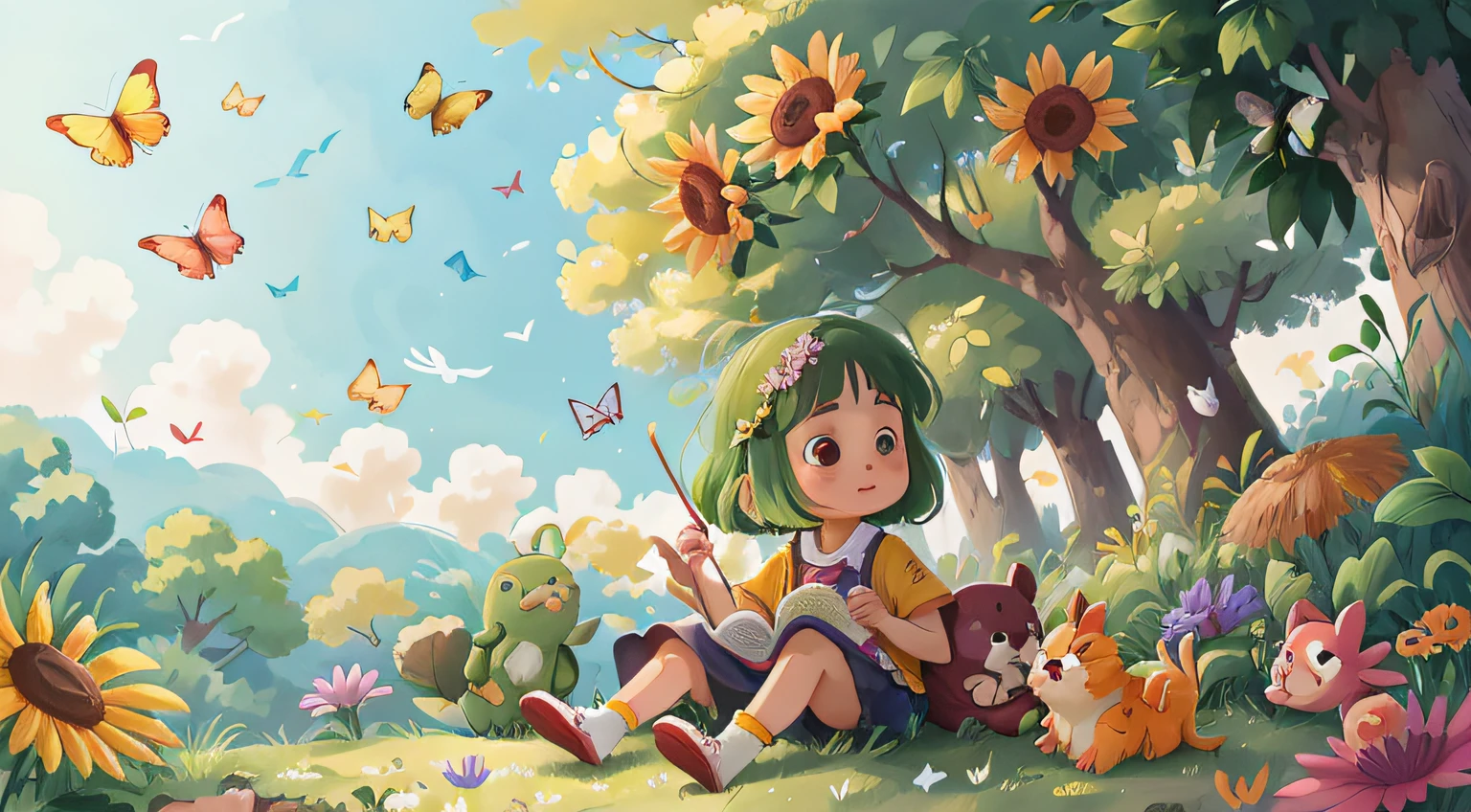 超高分辨率,Surrounded by natural beauty、Sprinkled with warm sunlight、Wild flowers swaying in the breeze、Enjoying time spent in the open fields with butterflies and birds dancing around her、Add a playful atmosphere、colours々animal conversation