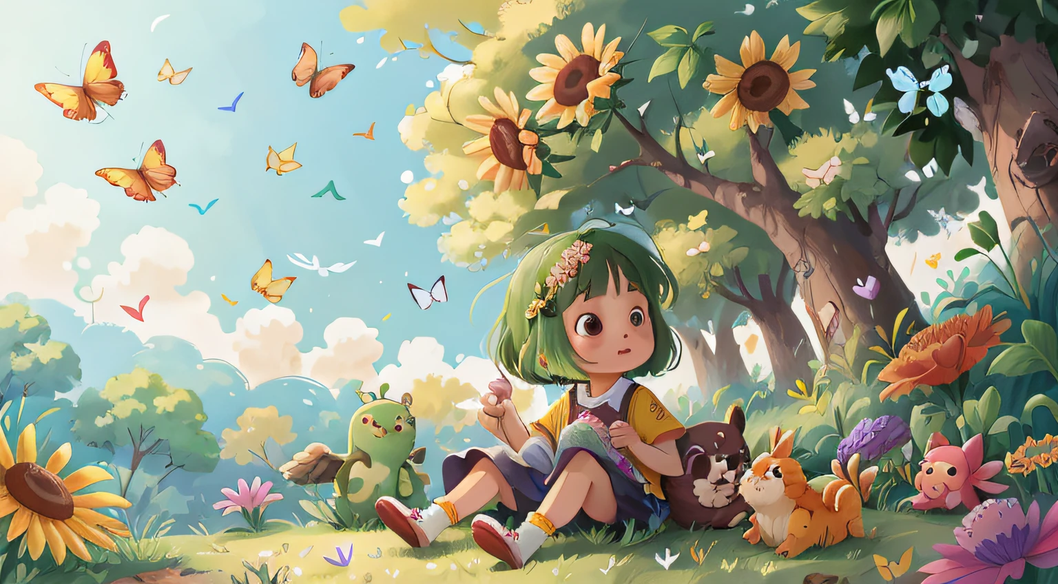 超高分辨率,Surrounded by natural beauty、Sprinkled with warm sunlight、Wild flowers swaying in the breeze、Enjoying time spent in the open fields with butterflies and birds dancing around her、Add a playful atmosphere、colours々animal conversation