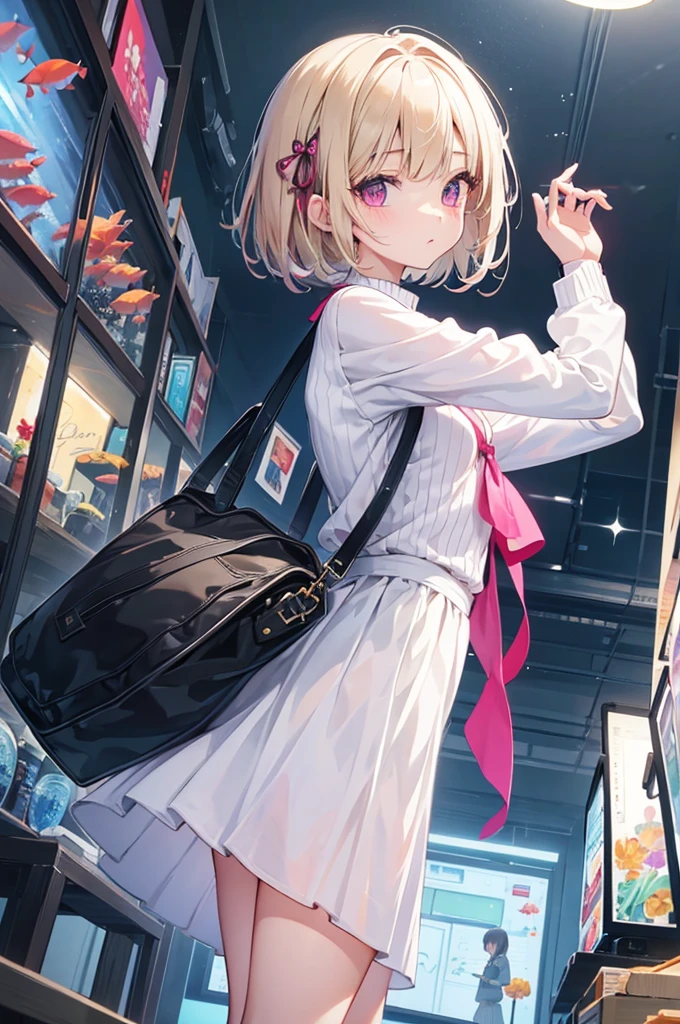 masterpiece, best quality, ultra detailed, high Resolution, detailed illustration, cel anime, (sfw), 1girl, (li), cute face, detailed face, magenta eyes, cute eyes, sparkling eyes, big eyes, medium breasts, perky breasts, pointy breasts, medium hips, glamorous body, Surprised, BREAK, long bob cut, (blonde hair:0.7), messy hair, detailed hair, BREAK, wearing Cardigan, Ribbed knit sweater, long skirt, small ribbon, tiny ribbon, bag, casual style, date, aquarium, standing, looking fish in tank, fish, from side, real world, natural lights, perfect lighting,