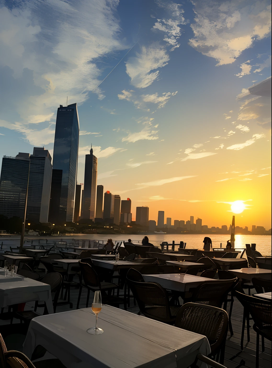 Tables and chairs are set up on the pier overlooking the city, At sunset, Shot using iphone 1 ro max, sunsettime, late sunset, Photographed by iphone 1 ro, At sunset, at sunrise, author:Tom Varnerstrand, Late afternoon, prime time, in the golden hour, late sunset, Shot on iPhone 1ro