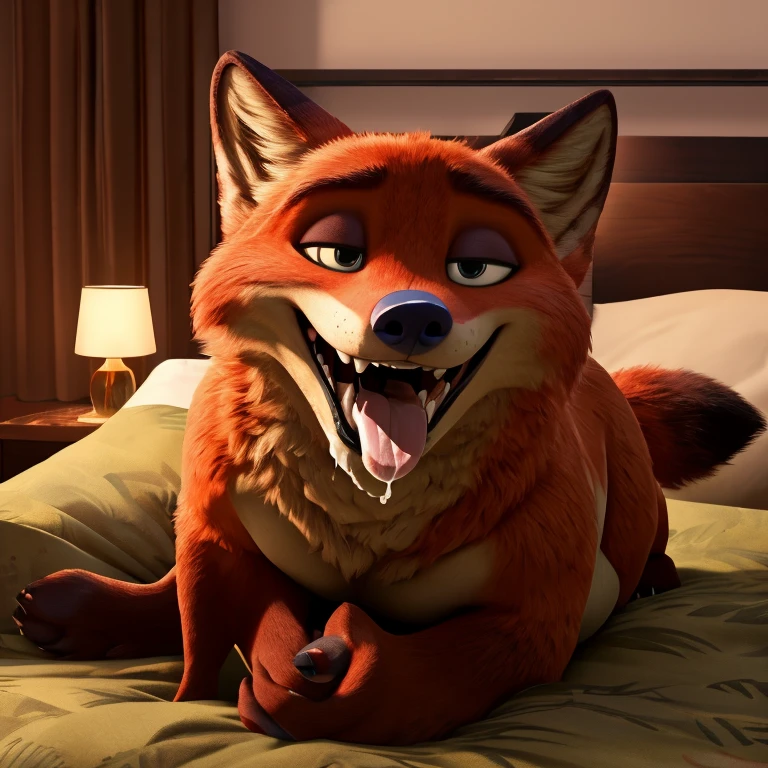 red fox, (obese:1.3), hairy pubic, messy red hair, sitting on bed, feet towards viewer, rubbing belly, mouth wide open tongue out, (wide open mouth), (tons of spit and drool), (can see in mouth), (can see back of throat), (mouth focus: 1.1), (close-up of mouth), (swallowing), erotic expression, [background; (bedroom), (candles), (ambient lighting)] (best quality,4k,8k,highres,masterpiece:1.2), (ultra-detailed), (realistic,photorealistic,photo-realistic:1.3