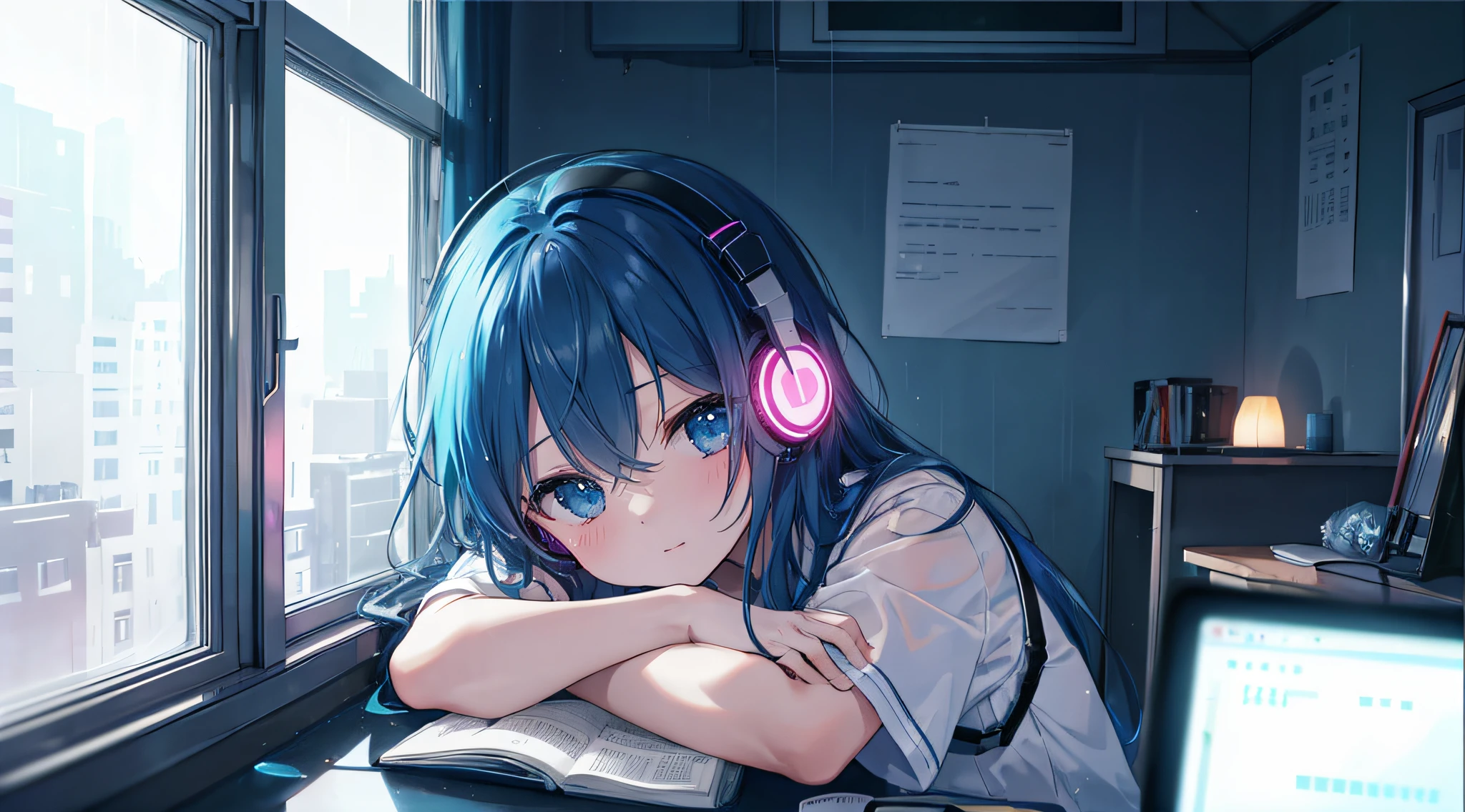 Neon lights on the windowsill shine at night、Woman living alone is studying at desk on left side wearing headphones。In the corner of the room, The scenery is enveloped in the silence of the late night.、The beauty of the universe that spreads out beyond the window glass spreads out before your eyes.。There was no one but her、Neon lights illuminate the room fantastically。The color is blue, warm, chill, nostalgic, rain