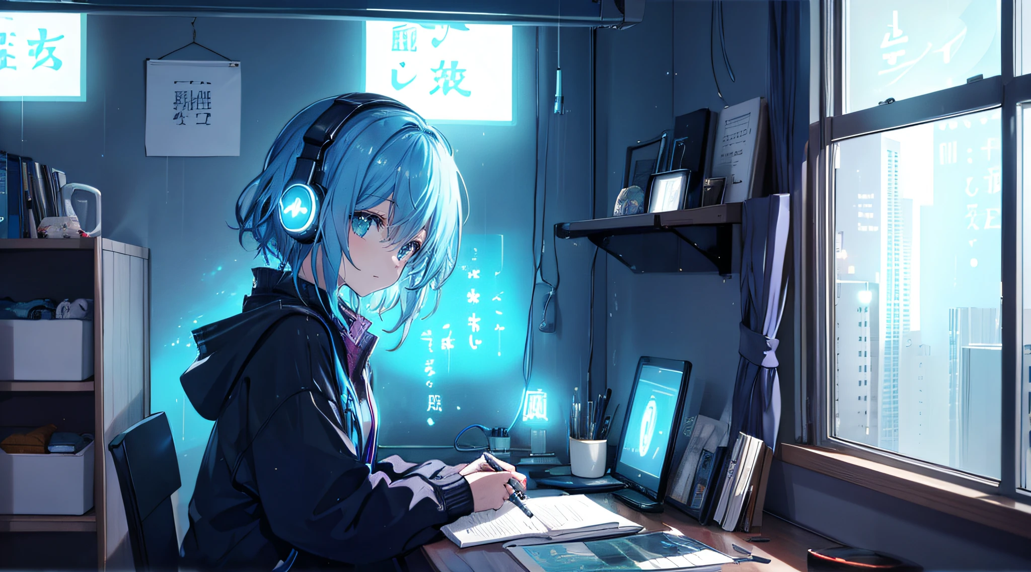 Neon lights on the windowsill shine at night、Woman living alone is studying at desk on left side wearing headphones。In the corner of the room, The scenery is enveloped in the silence of the late night.、The beauty of the universe that spreads out beyond the window glass spreads out before your eyes.。There was no one but her、Neon lights illuminate the room fantastically。The color is blue, warm, chill, nostalgic, rain