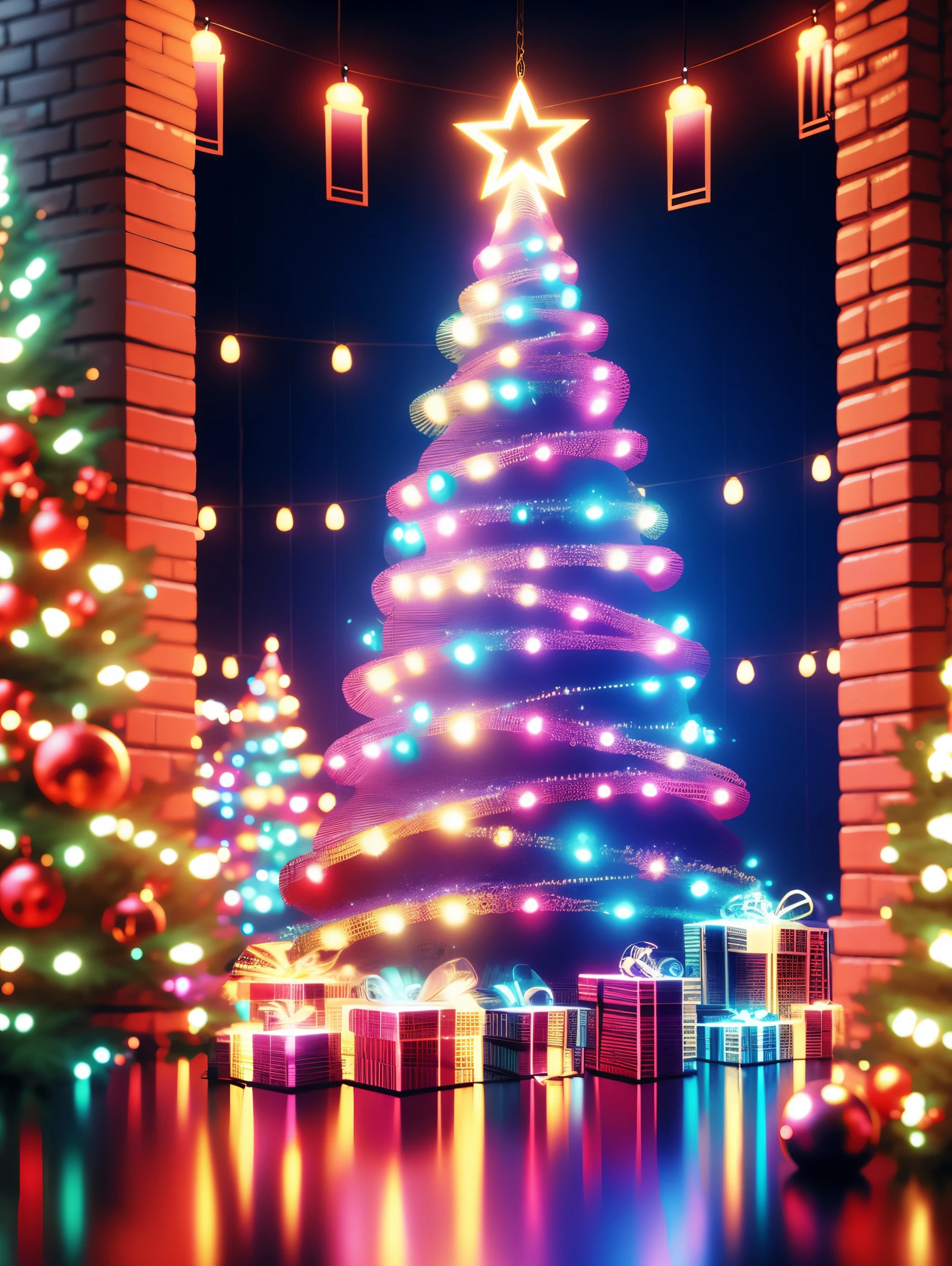 christmas,1 girl,backpacks,Transparent glowing Christmas costumes,Christmas tree,Christmas decorated room