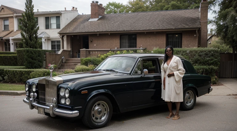 ((best quality)), ((masterpiece)), (detailed), Egyptian revival style suburban New York City row of homes, front facing 1960s Rolls Royce parked in driveway, 1 well dressed Haitian man in background, 1 beautiful plump dark skinned woman wearing flowing vibrant robe playfully posed in foreground