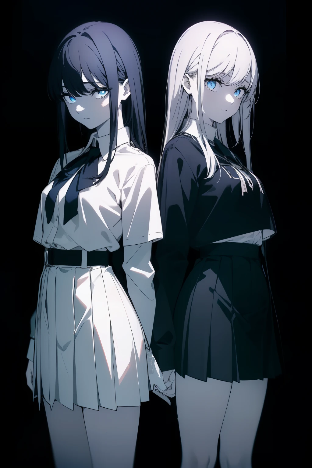 (Obra maestra, La mejor calidad, ultrahigh resolution), (((two girls standing side by side))), standing, school uniforms, white office shirt, black pleated skirt, ((pitch black, pitch black hair:0.7), long hair cut, pale skin, ((blue eyes)), (glowing_eyes), neon eyes, (ultra detailed eyes:0.7, beautiful and detailed face, detailed eyes:0.9), ((centered)), smile, ((wide shot)), facing viewer, eye level, (dark background), flat chested, looking at viewer, ((half closed eyes)), ((perfect hands)), (((head, arms, hips, elbows, in view))), ((hands behind back)), empty eyes, beautiful lighting, background, defined subject, 25 years old, perfect anatomy, perfect body, (((professional photography)))