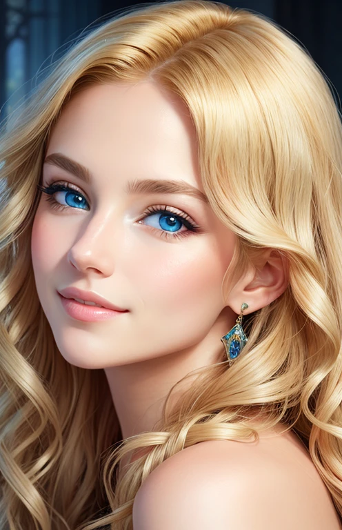 animesque、portraitures、One Person20Pretty Woman、Moisturized eyes、Casual clothing、a picture、oval jaw、beautiful countenance、Blonde wavy hair、Blue eyes with a beautiful glow、LDS Art
