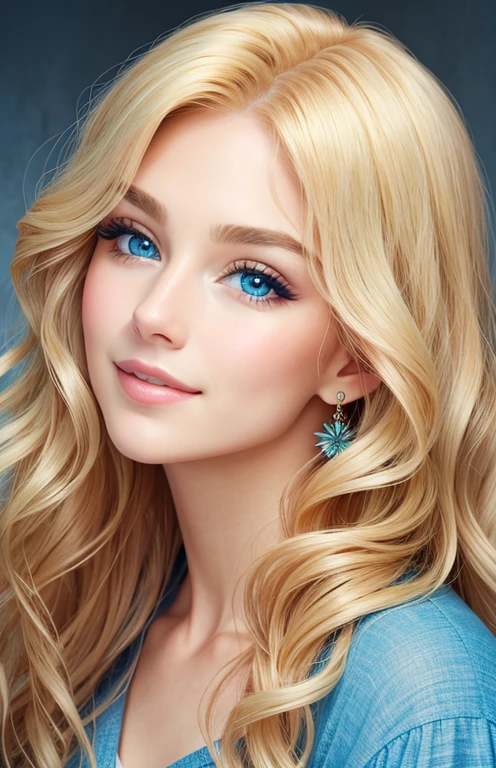 animesque、portraitures、One Person２０Pretty Woman、Moisturized eyes、Casual clothing、a picture、oval jaw、beautiful countenance、Blonde wavy hair、Blue eyes with a beautiful glow、LDS Art