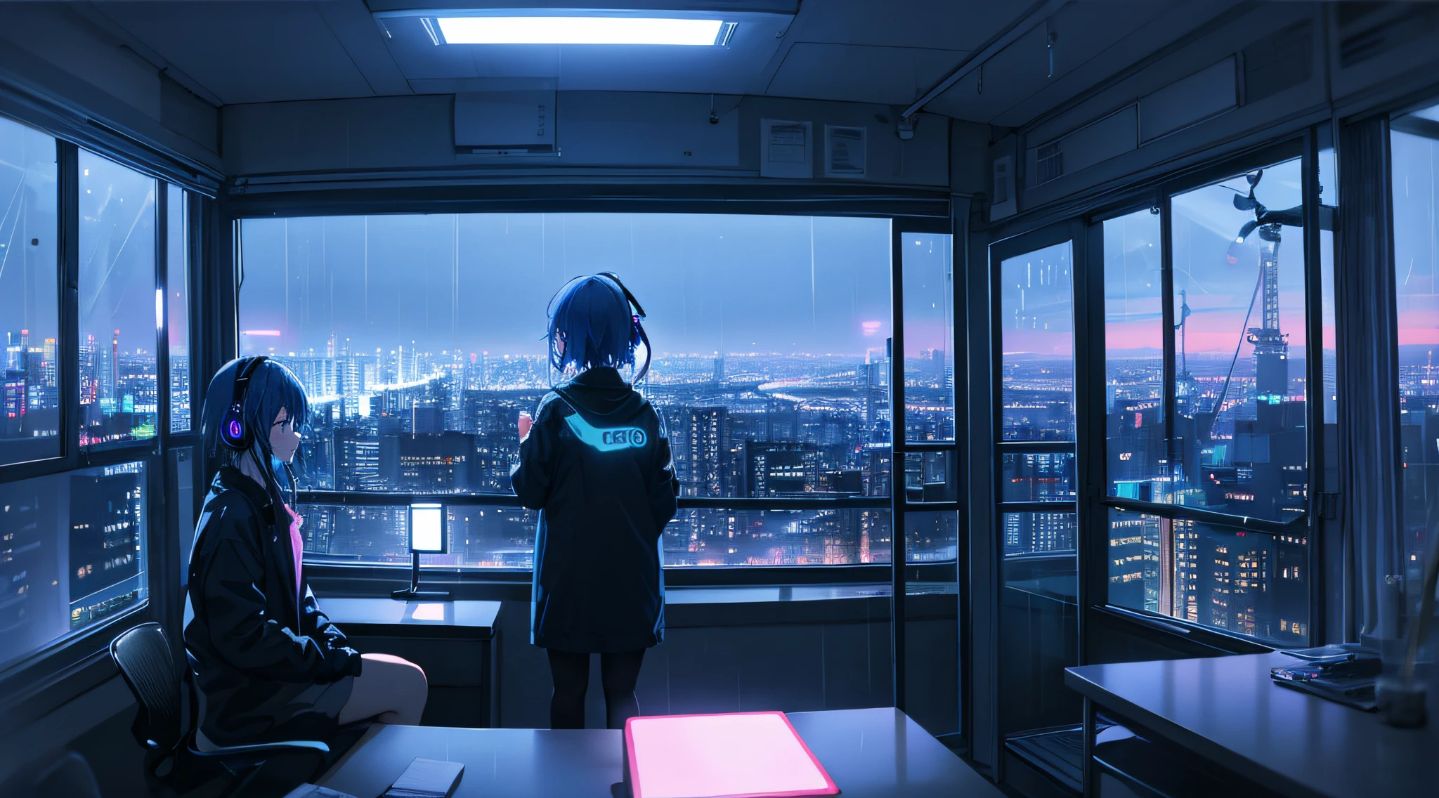yokohama night view, Neon lights on the windowsill shine at night、Woman living alone is studying at desk on left side wearing headphones。In the corner of the room, The scenery is enveloped in the silence of the late night.、The beauty of the universe that spreads out beyond the window glass spreads out before your eyes.。There was no one but her、Neon lights illuminate the room fantastically。The color is blue, warm, chill, nostalgic, rain