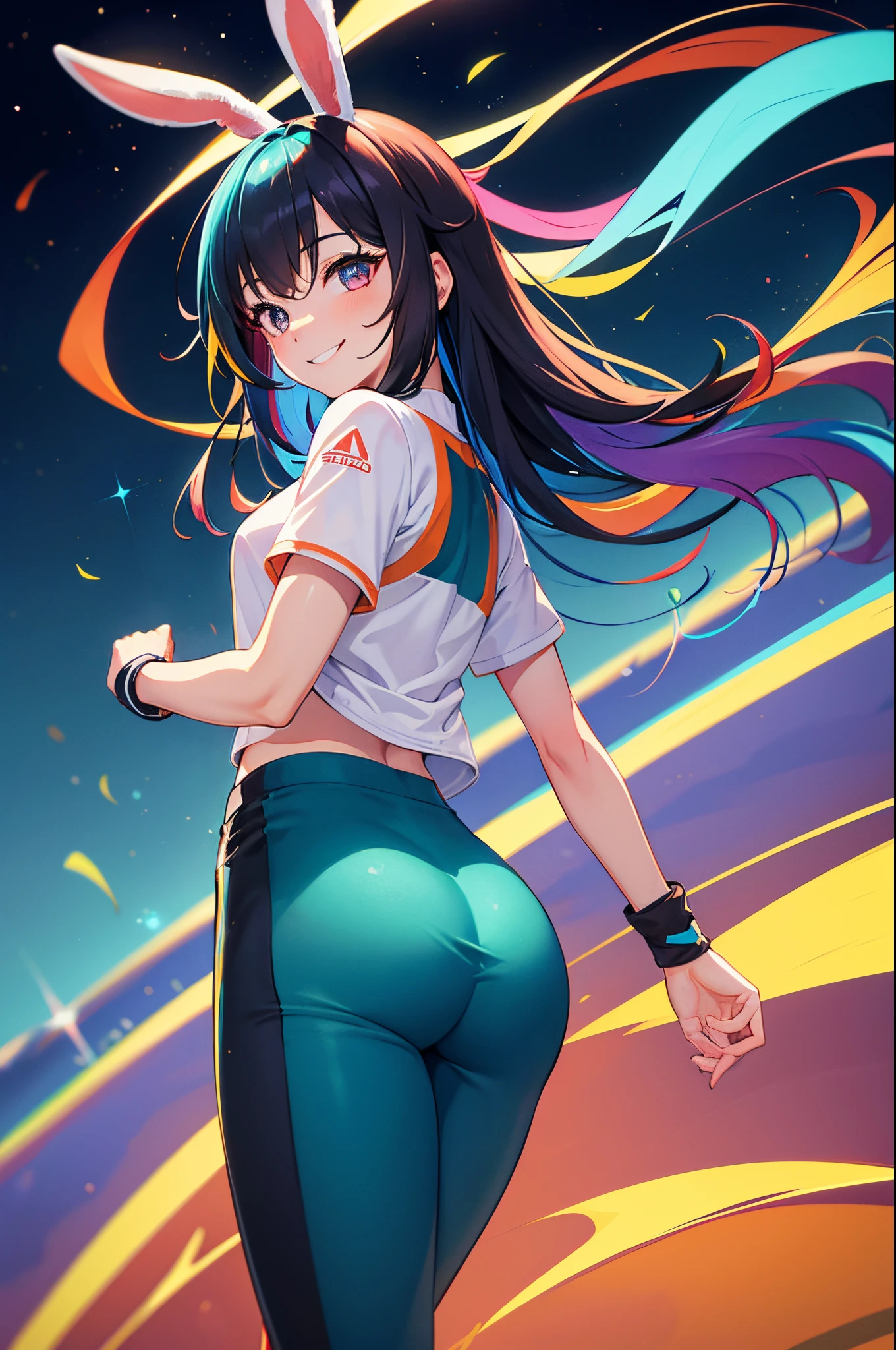 (highres:1.2),solo,girl with bunny ears,smiling,back turned to the viewer,Slacks,sporty clothing,soccer field,diamond,multicolored hair,multicolored eyes.