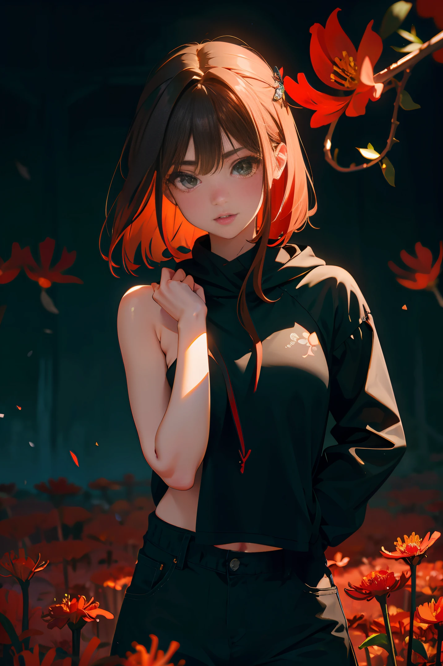 (Fine, beautiful eyes and detailed face)、cinematlic lighting、bustshot、Highly detailed CG Unity 8K wallpaper、(top-quality、hight resolution、8K、masterpiece:1.2)。Curvaceous but slender、Muchimuchi Body、Red Spider Lily Field、Red modal lilies are blooming all around、Red Spider Lily、Grinning Woman、Red spider lily sits in the middle of blooming。With a somewhat horror look、Eight teeth are characteristic。Wear bloody clothes、Has an ax。Crazy looks and the gap between her and Red Spider Lily、Further enhance her beauty。Half-garment hoodie、accessorized、Mole、eyebrows、double tooth、canine teeth、poneyTail、Muscular nose、Clear, Detailed green eyes、blondehair、Hats、校服、red blush、short-haired、a choker、fleshy lips、Physical beauty、well-muscled、Raise headband bangs、Oforehead、Mysterious fashion、Street fashion、Anime style、animesque、Oversized trousers、Unreal、Fashion based on green and black、Backgrounds with depth、The background is a field of bright red lilies、10,000 Red Spider Lily。a necklace、Bracelets、Misanga、arm band、colorful backdrop、Light and Wall Co-star、Little black cat clinging to his shoulder、Original face、(dark themed:1.3)、Dark Fantasy、Long Black Hair、