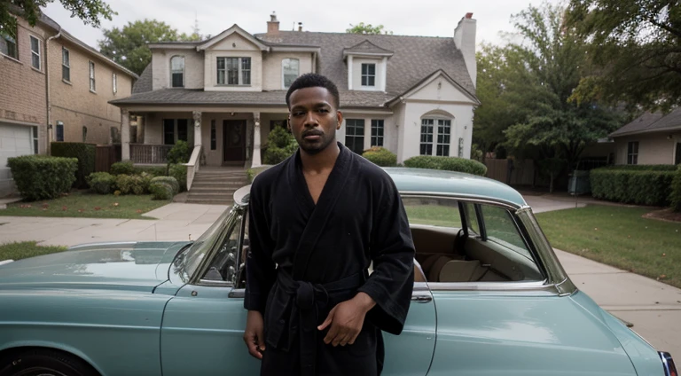 ((best quality)), ((masterpiece)), (detailed), Egyptian revival style suburban New York City row of homes, front facing 1960s Rolls Royce parked in driveway 1 well dressed Haitian man in car, 1 beautiful plump dark skinned woman wearing flowing vibrant robe playfully posed in foreground