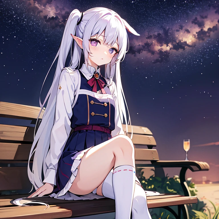 Silvery-white emanation,Double ponytailed hair,calm face,Be red in the face,purple pupils,Wearing white knee-length jk clothes,Pouting,Normal ears,White stockings,the night,Stars in the sky,Bench next to the park,delicate leg