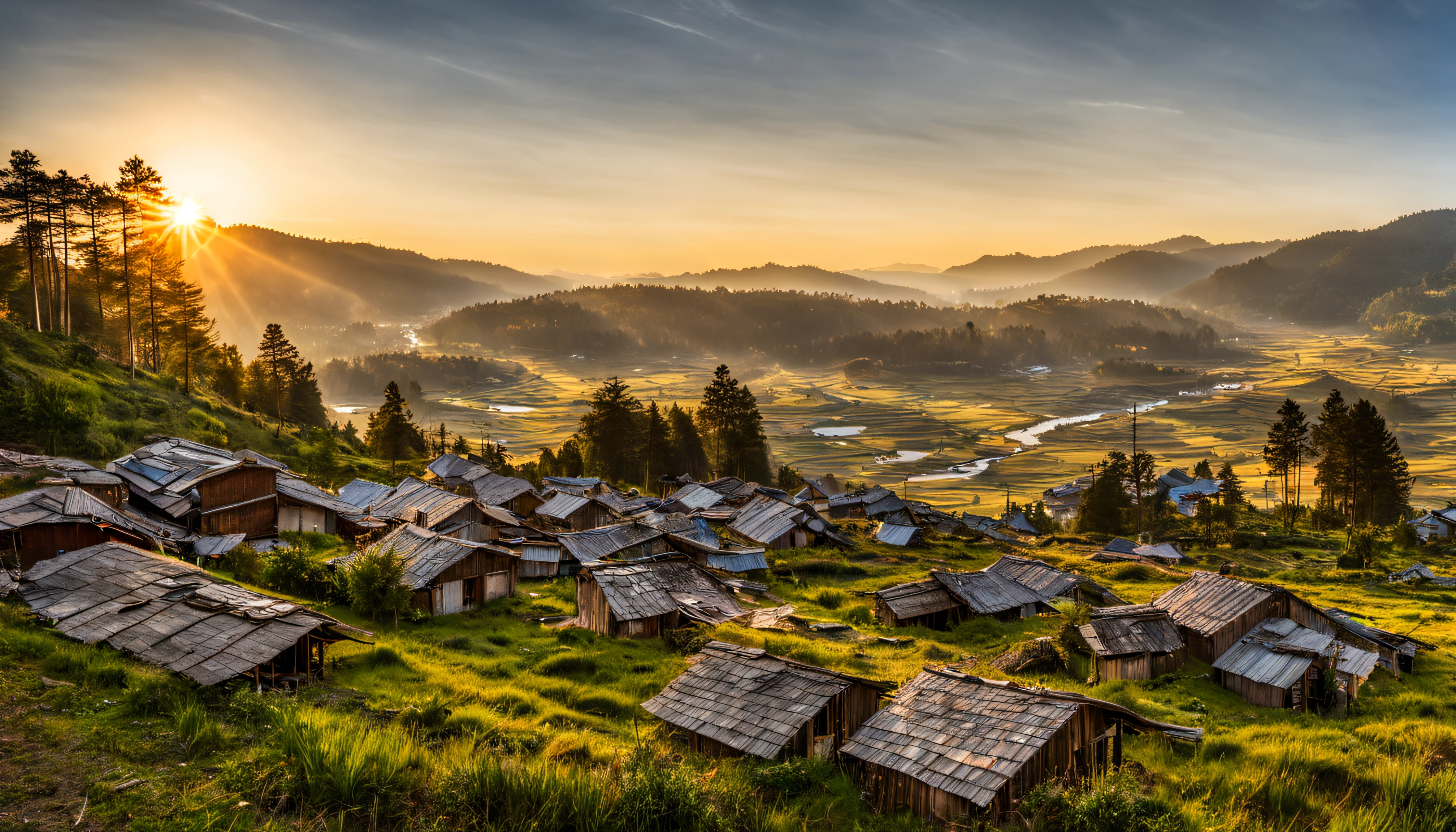 mountains and valleys with small wooden houses in the foreground, of da lat- vietnam, magical vietnam ethnic minority tourist village under coniferous pine forest, unreal motives, in a valley in the mountains, small village, actual photo of a town, lovely valley, behind a small village, extremely beautiful alpine valley behind, at sunset