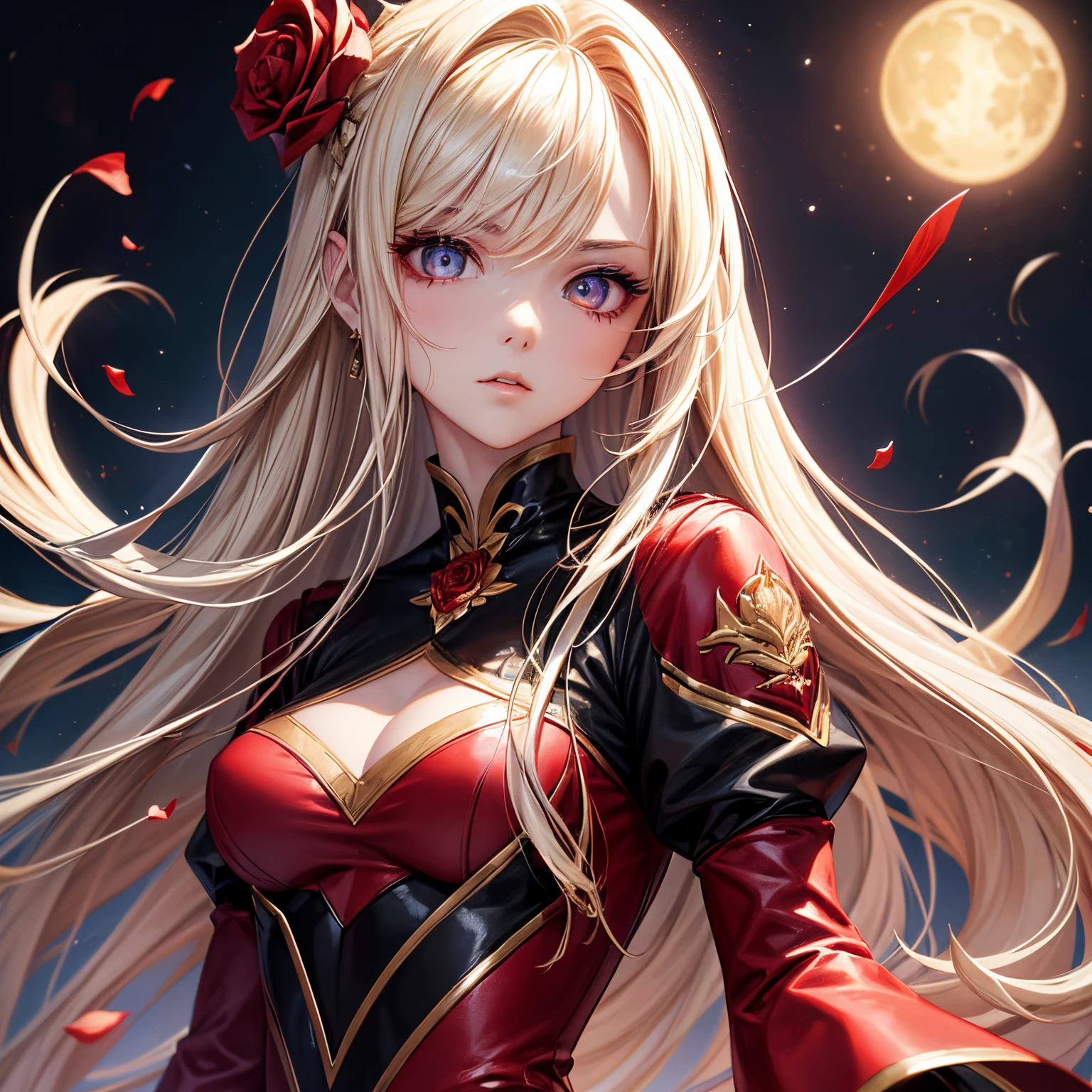 tmasterpiece, Best quality at best, (focused only), (s the perfect face:1.1), (high detal:1.1), (Ultra-detailed eyes), dramatics, 1人, (pale-skinned), Long blonde hair, (Red iris), Personal focus, Vampires, long whitr hair, themoon, the night, red luxury suit, pouting, borgar, detailedbackground, The art of artgerm, 电影灯光, red rose, Fashionab