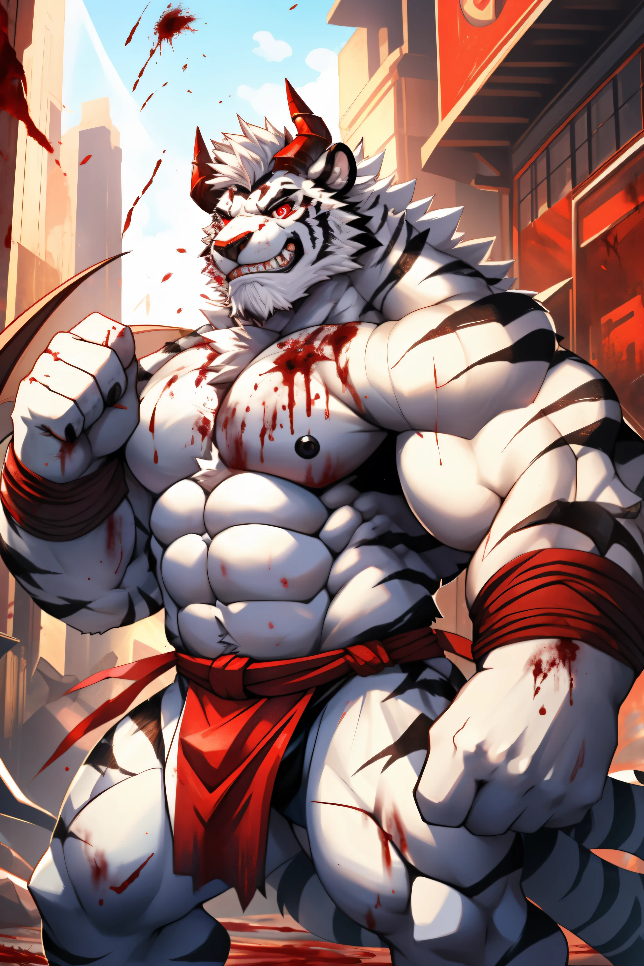 Bodybuilder, white tiger,polar bear, terroral，blood vess，rampage，zombie，Blood on the body，The corners of his mouth were stained with blood，solo person，White body，White ears，White hair，White fur，Overall white，Black-red eyes，tiger tail，young，Wear a red fundoshi，Ultra-clear screen，Soft lines, ((white fur), (Grin face), (Menacing look),(Demon horn), (Pair of Black-Red horn on head),(long straight horn))