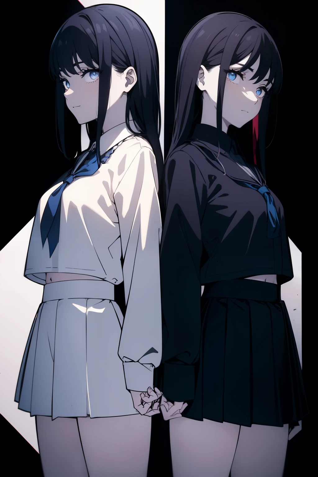 (Obra maestra, La mejor calidad, ultrahigh resolution), (((two girls standing side by side))), standing, school uniforms, white office shirt, black pleated skirt, ((pitch black, pitch black hair:0.7)), long hair cut, pale_skin, ((blue eyes)), (glowing_eyes), neon eyes, (ultra detailed eyes:0.7, beautiful and detailed face, detailed eyes:0.9), ((centered)), smile, ((wide shot)), facing viewer, eye level, (dark background), flat chested, looking at viewer, ((half closed eyes:0.9)), ((perfect hands)), (((head, arms, hips, elbows, in view))), ((pointing pistols at viewer)), empty eyes, beautiful lighting, background, defined subject, 25 years old, perfect anatomy, perfect body, (((professional photography)))