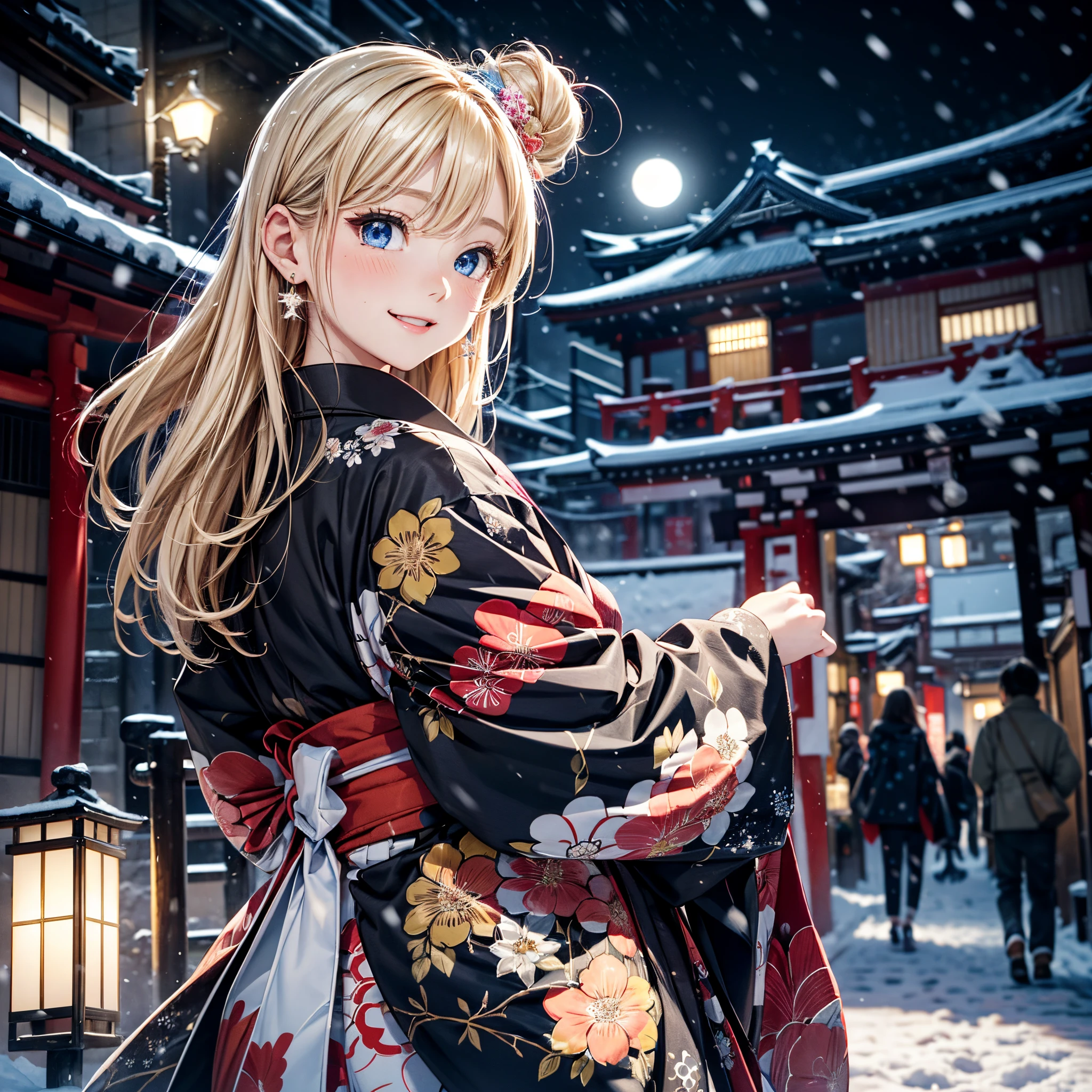 Melody Mark,of the highest quality, Best Masterpiece, ultra-detailliert, Ultra high definition, 1 woman,(Kyoto at night:1.4), (It's snowing:1.3), (look up sky:1.3), (Diamond Dust: 1.2), (Happy face: 1.3), red blush, (blonde short low tail: 1.4), Shiny hair, (Deep Blue Eyes:1.4), Small earrings, Small necklace,(Jet black and floral patterned Japanese clothes:1.4),Starry sky, a moon,