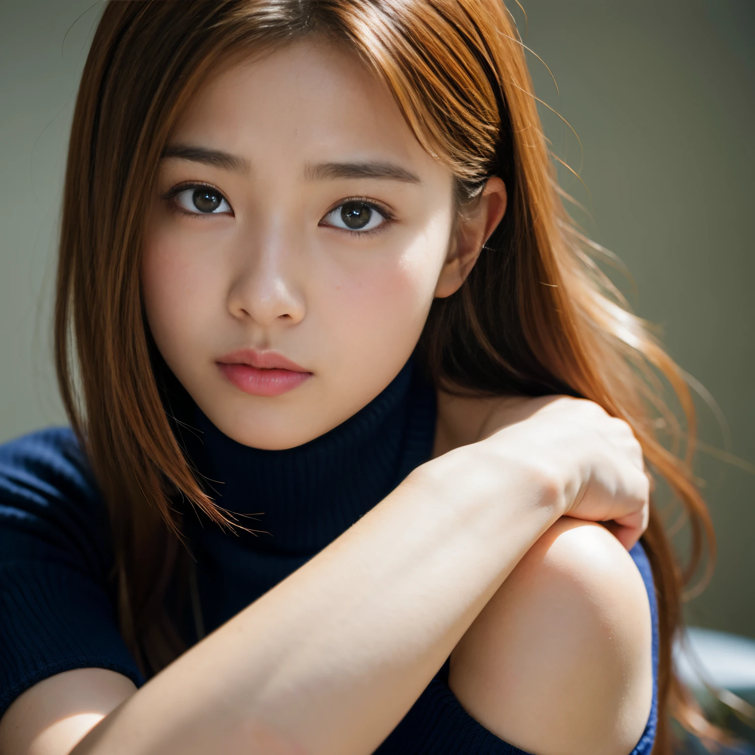 Best-quality, Masterpiece, Ultra-High-Resolution, (Photorealistic:1.4), Raw-Photo, Extremely-Details, Perfect-Anatomy, 1girl, the most popular Japanese actress, in hospital, crying, wearing turtleneck sweater and bandages around right hand, detailed bandages around right hand, extremely beautiful crying face, extremely beautiful big black solid circle eyes, extremely beautiful hair, extremely beautiful white skins, portrait, detailed beautiful crying face