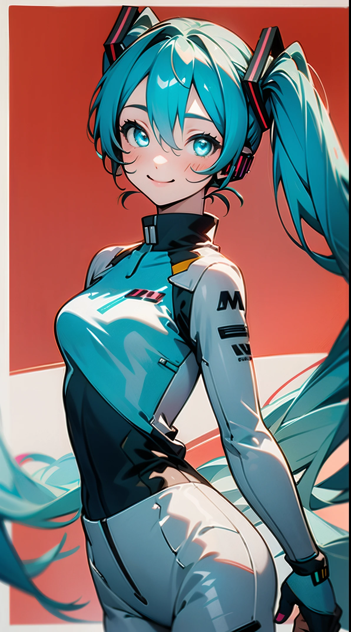 (masterpiece), best quality, (gentle smile), Hatsune Miku, Miku, Vocaloid, wearing a racing suit, Miku Hatsune, aqua eyes, aqua hair, crossed bangs, hair between eyes, hair ornament, long hair, twin tails, beautiful background