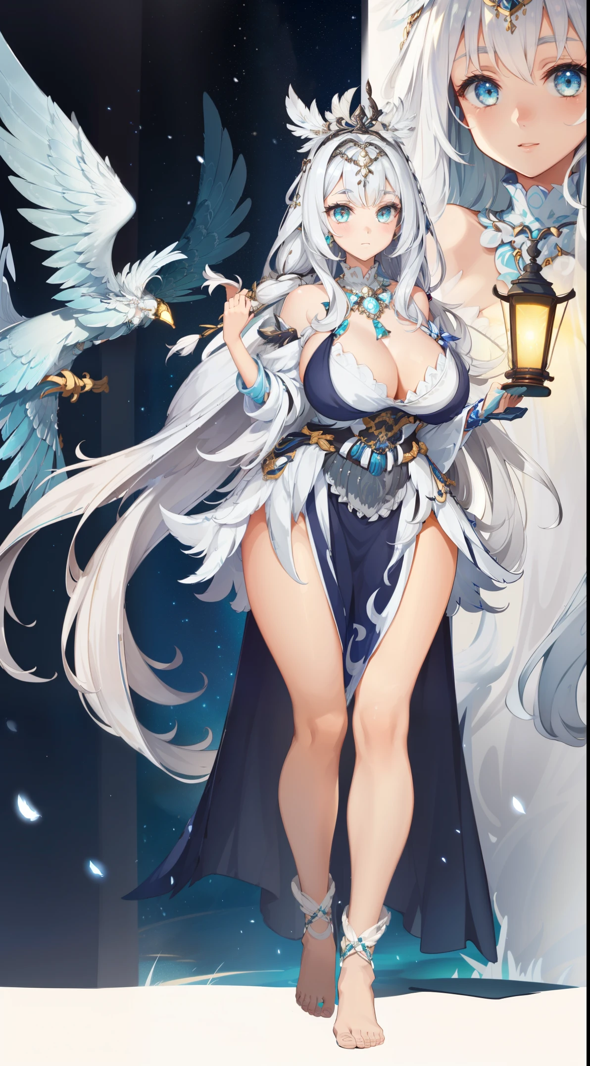 1 girl, (((ultra - detailed))), ((tmasterpiece)), ((lamplight)) , starlights, Gray Feather Gorgeous Dress, Curvy woman,Covered with silvery gray fluffy feathers, veils, Long layers of silver hair, White skin of the, The mysterious atmosphere of stars in the night sky, (blood flowing from chest),look of anguish,gypsy priest,full bodyesbian,expose feet,(fully body photo,head to toe)