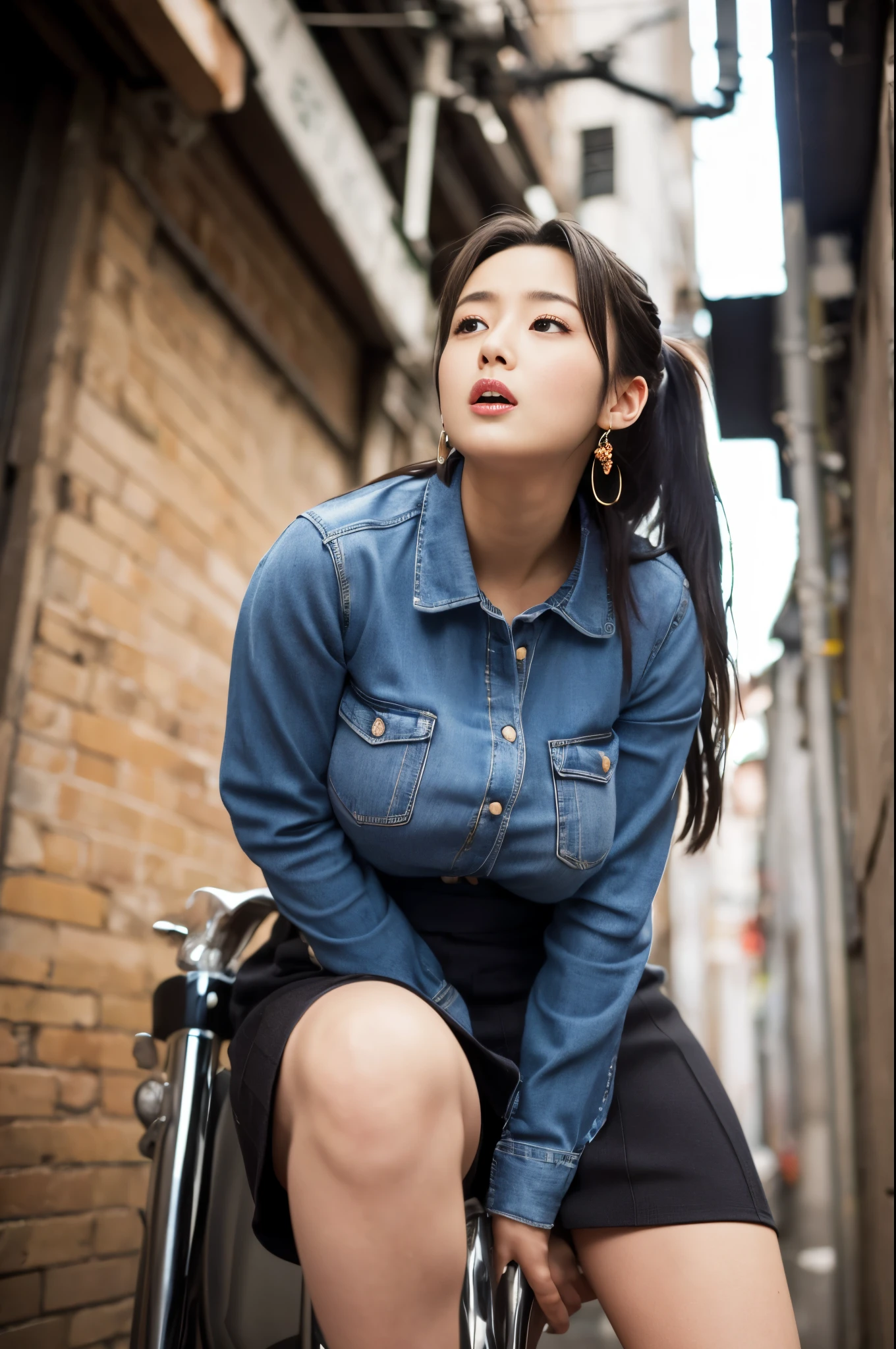 atmospheric perspective, 8k, super detail, accurate, best quality, ((Japanese young actress, round face)), film skin, (correct limbs), ((angle from below)), a woman, blush, the shape of the areola is visible on the shirt, (drooping eyes, sleepy face), emphasize the shape of the breasts, (orgasm face, gasp), ((straddling to hit her crotch on the exposed pipe for masturbation)), (open legs, raise leg), slut, long hair up, winter clothes, shirt, swollen areola, skirt, tiny earring, night, back alley,