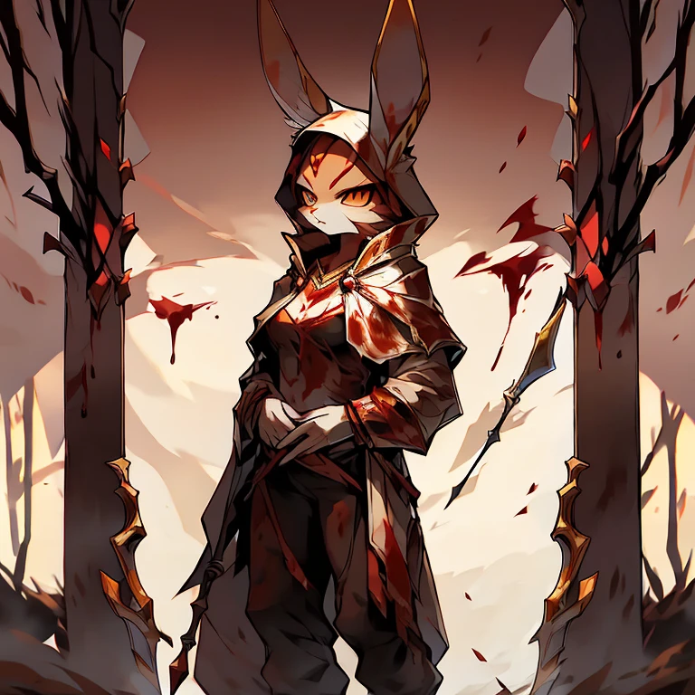 ( female white bunny)   ( guarding the titan door  )  ( body covered in blood) ( death glare  )   (Black pants with red symbol on it )   (yellow  eyes ) ( holding Spear)   ( detail)  ( white cloak with golden pattern on it)