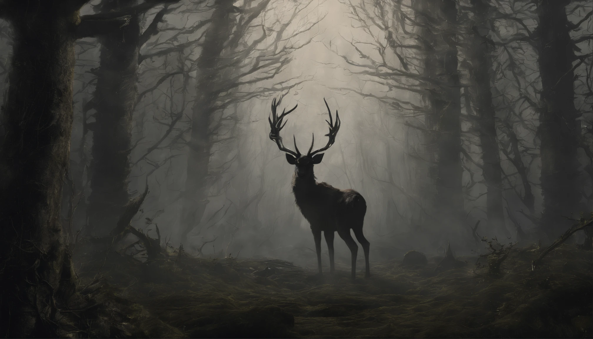 Fire; skeleton; 30 point antler rack A radiant beam of sunlight filters through the trees, illuminating a gentle, doe-eyed creature nestled in a mossy glen. Its smooth fur glimmers like stardust, and leafy antlers crown its head with natural beauty. Tranquil and serene, this guardian of the forest emits an aura of grace and blessing. Around it, new spring growth emerges, flowers bloom, and woodland animals gather without fear. This lovely vision brings a sense of hope and divine love to this quiet, sacred place