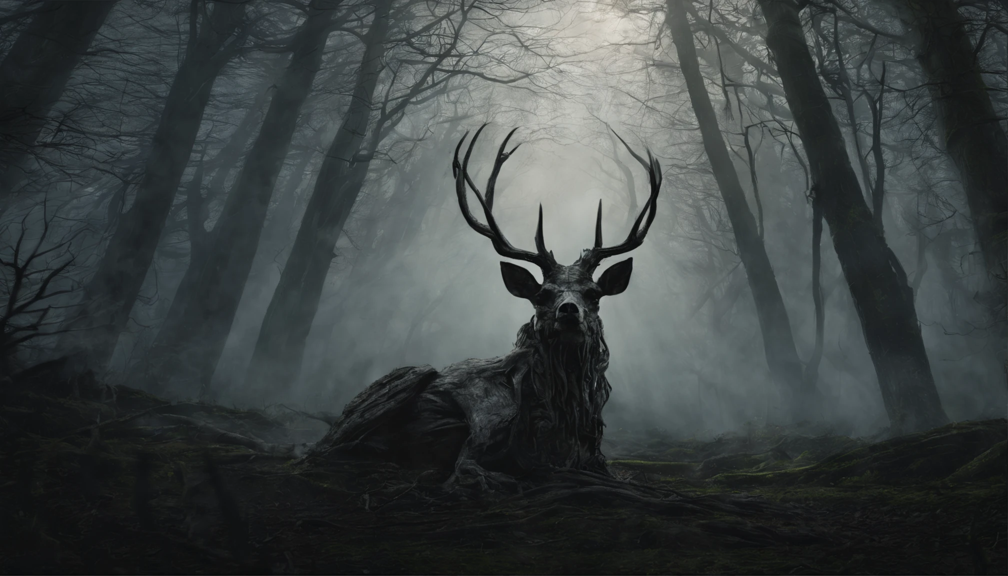 Fire; skeleton; 30 point antler rack A radiant beam of sunlight filters through the trees, illuminating a gentle, doe-eyed creature nestled in a mossy glen. Its smooth fur glimmers like stardust, and leafy antlers crown its head with natural beauty. Tranquil and serene, this guardian of the forest emits an aura of grace and blessing. Around it, new spring growth emerges, flowers bloom, and woodland animals gather without fear. This lovely vision brings a sense of hope and divine love to this quiet, sacred place