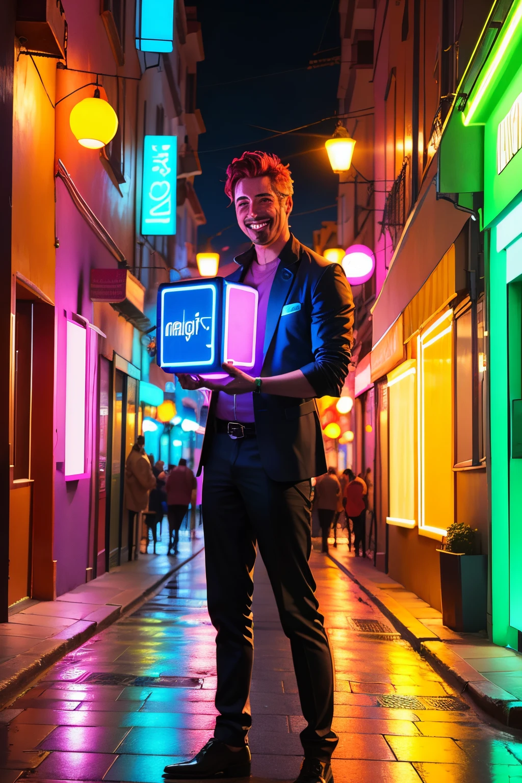a happy man holding a neon colored magic box, the background is in a very nice street, Esta noche, and has reflections and neon color advertisements. entorno de dinero y colores neon futurista